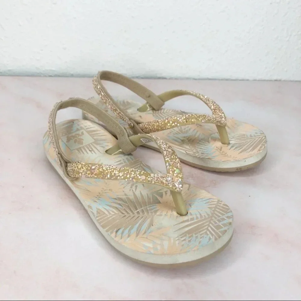 Reef‎ flip flops glitter peach tropical size 7-8 toddler